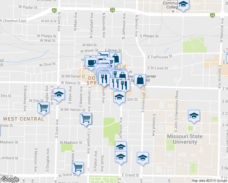 map of restaurants, bars, coffee shops, grocery stores, and more near 330 E Pershing St in Springfield