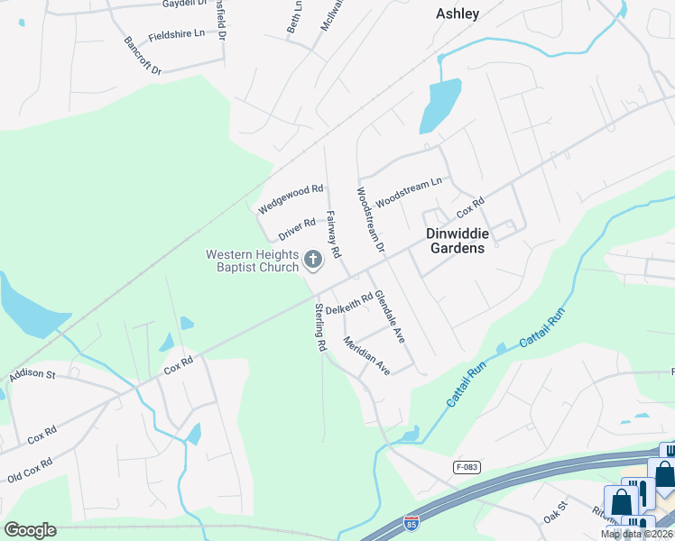 map of restaurants, bars, coffee shops, grocery stores, and more near 24512 Cox Road in Petersburg