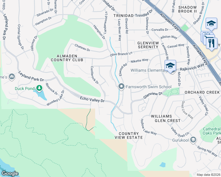 map of restaurants, bars, coffee shops, grocery stores, and more near 6888 Goldpine Court in San Jose