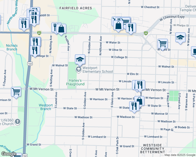 map of restaurants, bars, coffee shops, grocery stores, and more near 3001 West Lincoln Street in Springfield