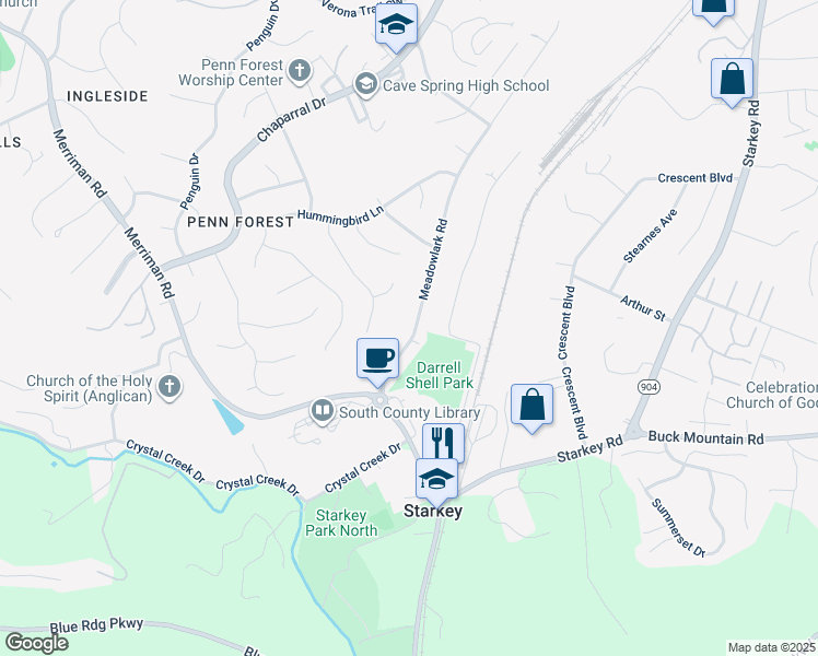 map of restaurants, bars, coffee shops, grocery stores, and more near 3877 Meadowlark Road in Cave Spring