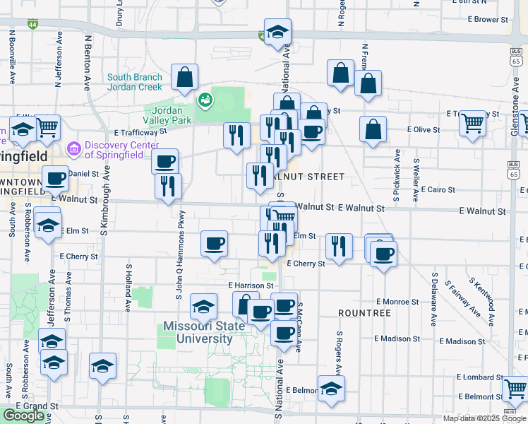 map of restaurants, bars, coffee shops, grocery stores, and more near 1122 East Walnut Street in Springfield