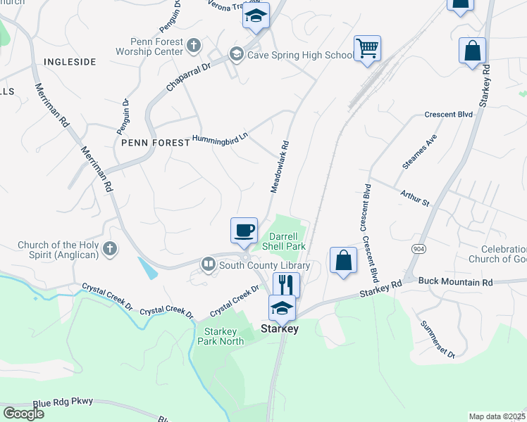 map of restaurants, bars, coffee shops, grocery stores, and more near 3877 Meadowlark Road in Cave Spring