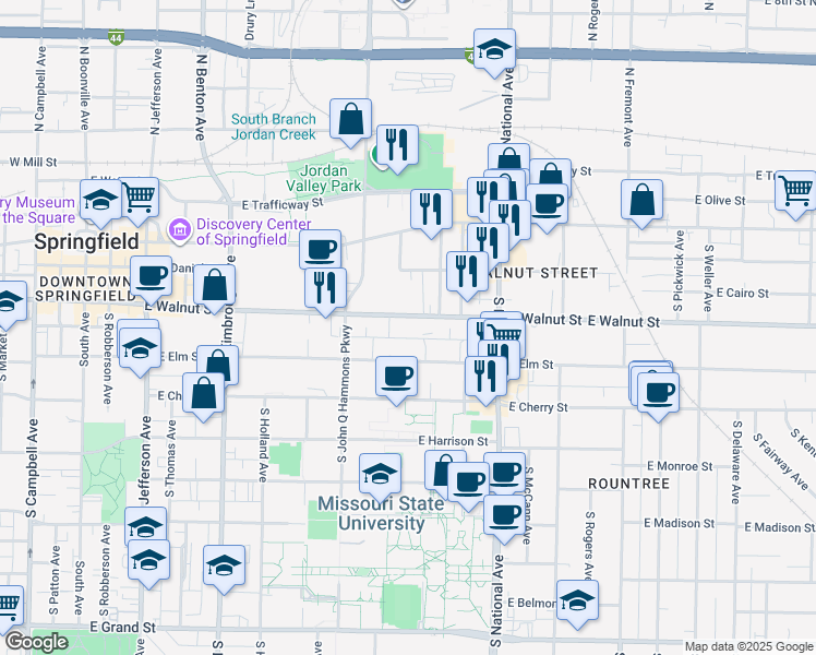 map of restaurants, bars, coffee shops, grocery stores, and more near 1030 East Walnut Street in Springfield
