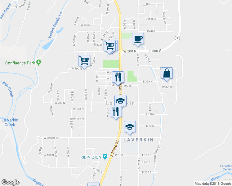 map of restaurants, bars, coffee shops, grocery stores, and more near 233 North State Street in La Verkin