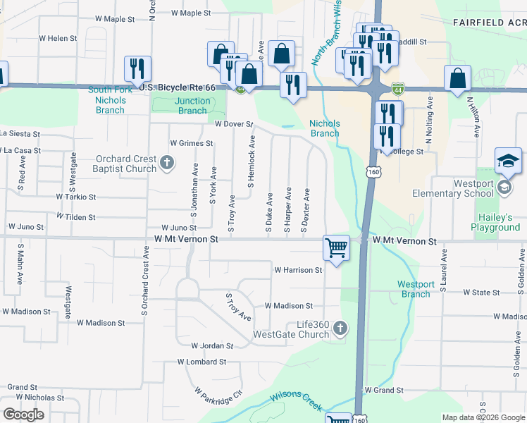 map of restaurants, bars, coffee shops, grocery stores, and more near 519 South Duke Avenue in Springfield