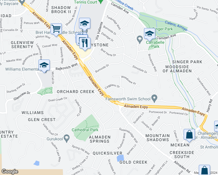 map of restaurants, bars, coffee shops, grocery stores, and more near 1090 Caggiano Drive in San Jose