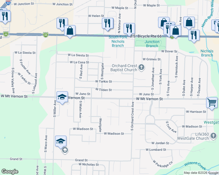 map of restaurants, bars, coffee shops, grocery stores, and more near 4231 West Tilden Street in Springfield