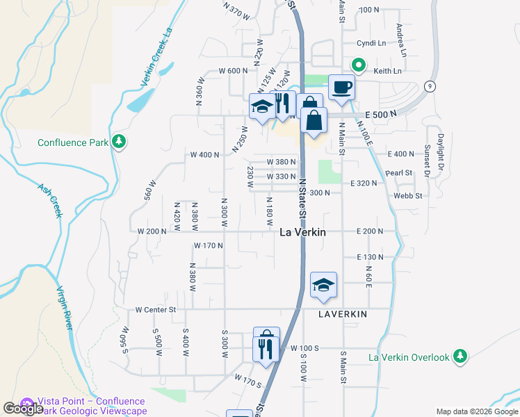 map of restaurants, bars, coffee shops, grocery stores, and more near 260 North 220 West in La Verkin
