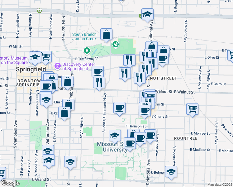 map of restaurants, bars, coffee shops, grocery stores, and more near 945 East Elm Street in Springfield