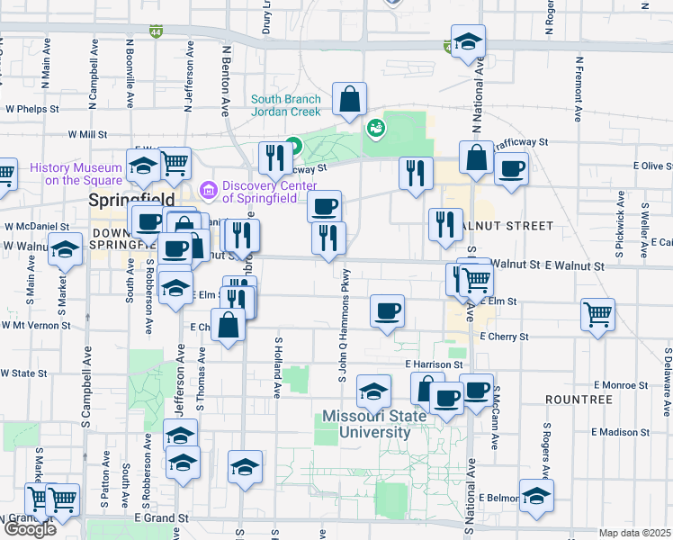 map of restaurants, bars, coffee shops, grocery stores, and more near 901 East Elm Street in Springfield