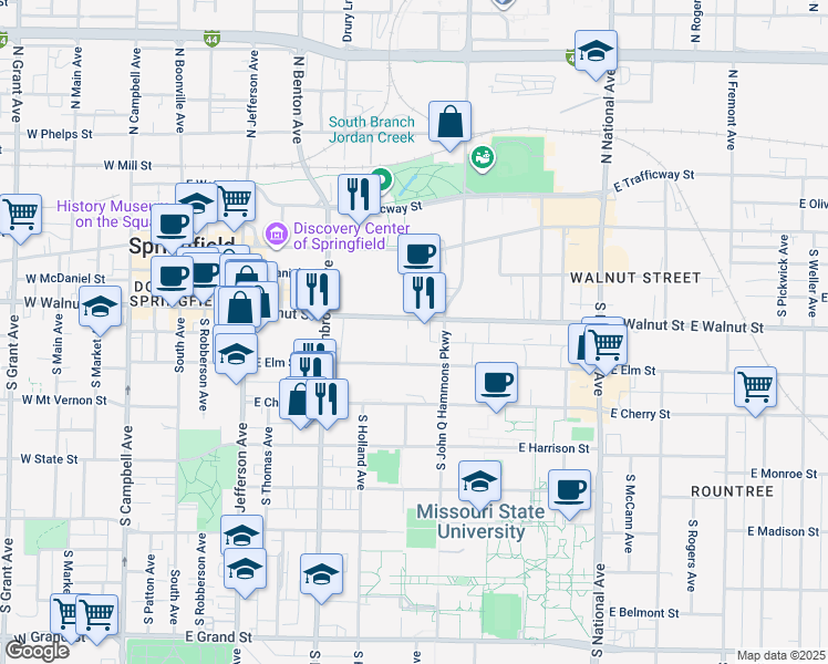 map of restaurants, bars, coffee shops, grocery stores, and more near 801 East Elm Street in Springfield