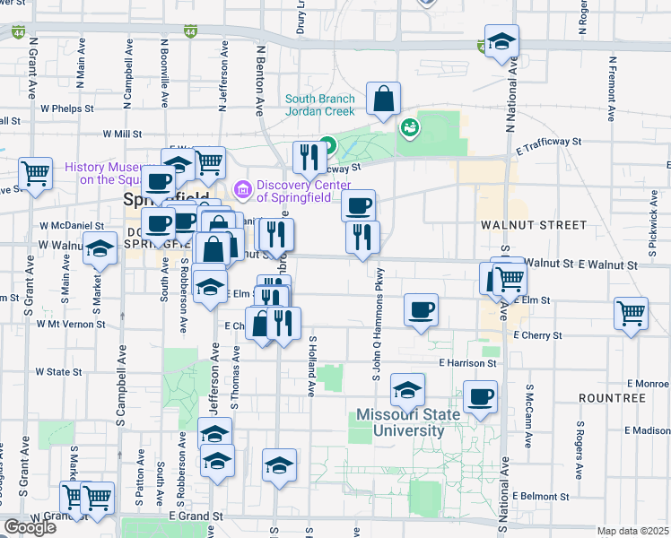 map of restaurants, bars, coffee shops, grocery stores, and more near 801 East Elm Street in Springfield