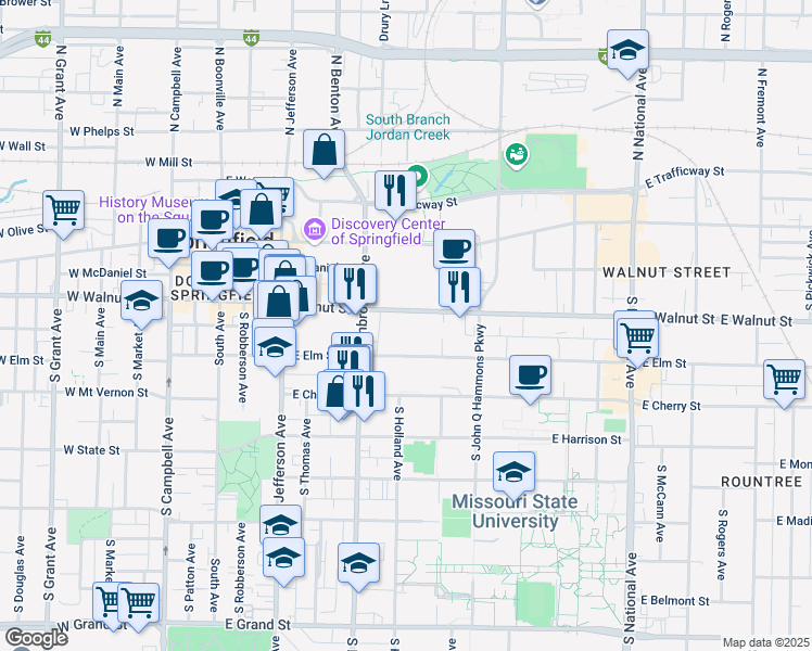 map of restaurants, bars, coffee shops, grocery stores, and more near 709 East Elm Street in Springfield