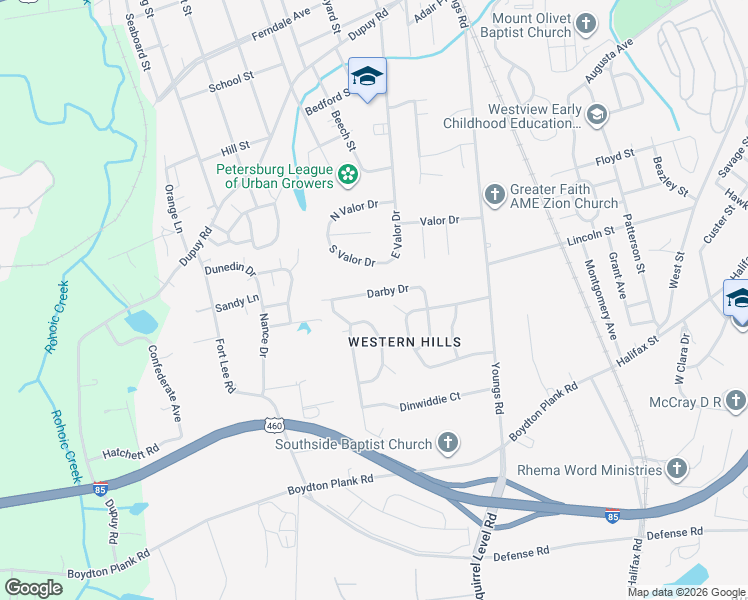 map of restaurants, bars, coffee shops, grocery stores, and more near 1517 Circle Drive in Petersburg