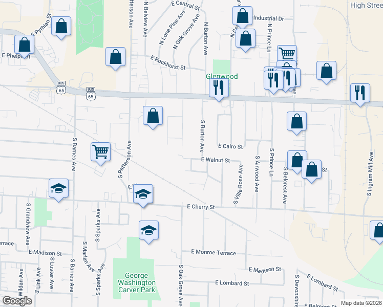 map of restaurants, bars, coffee shops, grocery stores, and more near 2619 East Walnut Street in Springfield