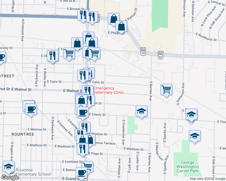 map of restaurants, bars, coffee shops, grocery stores, and more near 1930 East Walnut Street in Springfield