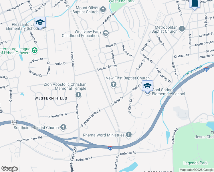 map of restaurants, bars, coffee shops, grocery stores, and more near 1336 Montgomery Avenue in Petersburg