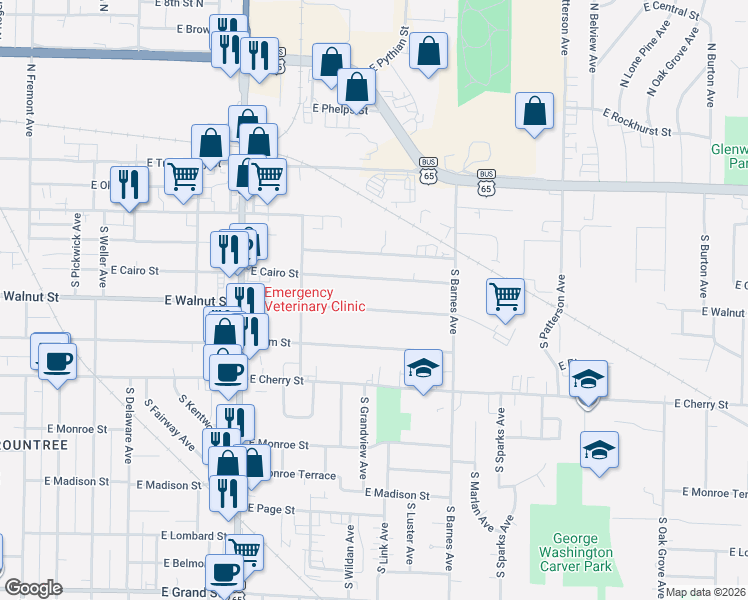 map of restaurants, bars, coffee shops, grocery stores, and more near 2026 East Walnut Street in Springfield