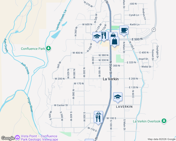 map of restaurants, bars, coffee shops, grocery stores, and more near 267 North 250 West in La Verkin