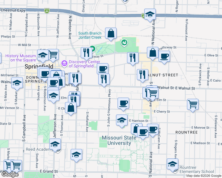 map of restaurants, bars, coffee shops, grocery stores, and more near in Springfield