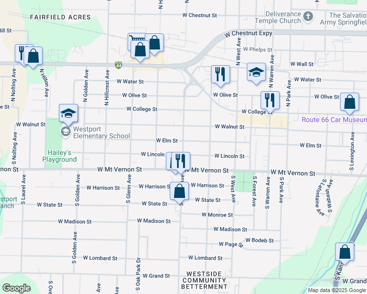 map of restaurants, bars, coffee shops, grocery stores, and more near 2637 West Lincoln Street in Springfield