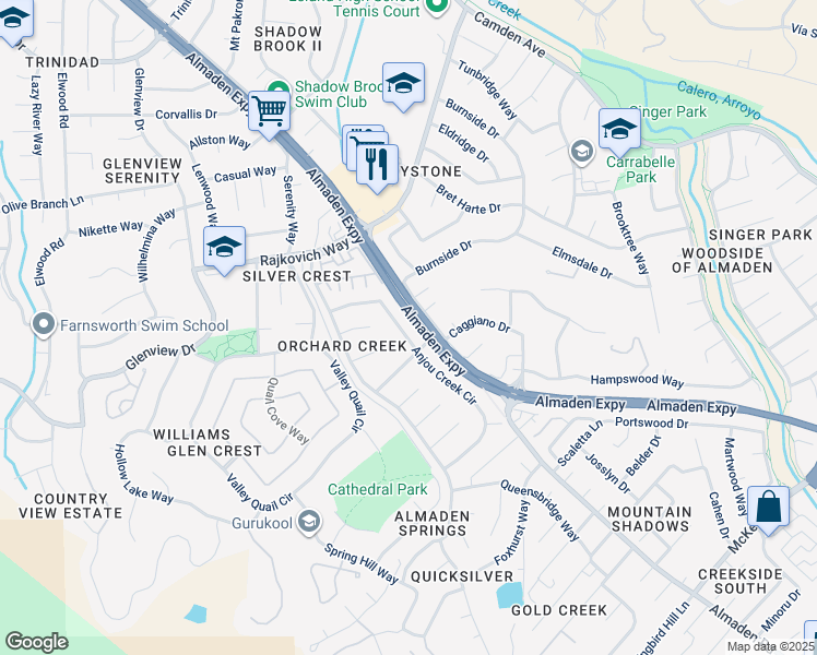 map of restaurants, bars, coffee shops, grocery stores, and more near 7072 Anjou Creek Circle in San Jose