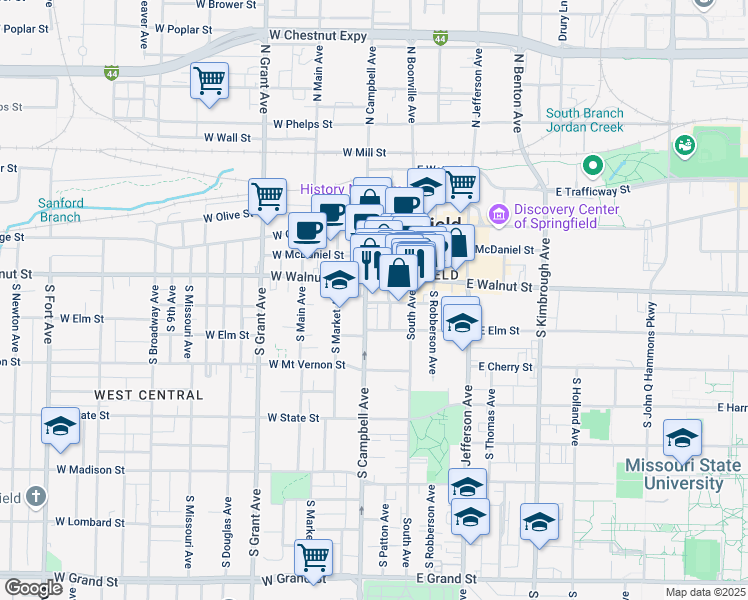 map of restaurants, bars, coffee shops, grocery stores, and more near 440 South Campbell Avenue in Springfield