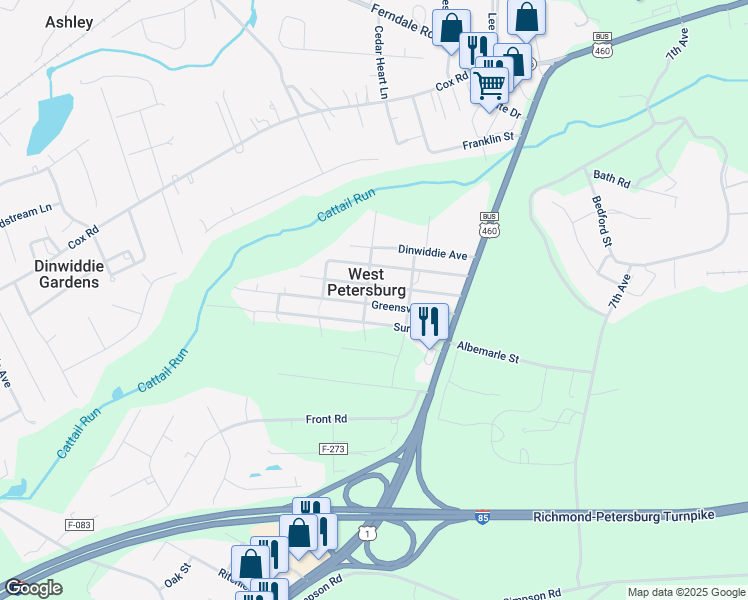 map of restaurants, bars, coffee shops, grocery stores, and more near 25704 Greensville Avenue in Petersburg