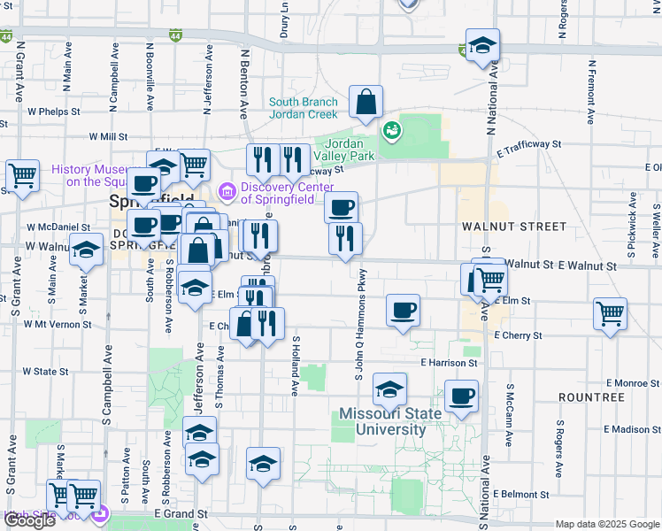 map of restaurants, bars, coffee shops, grocery stores, and more near 801 East Elm Street in Springfield
