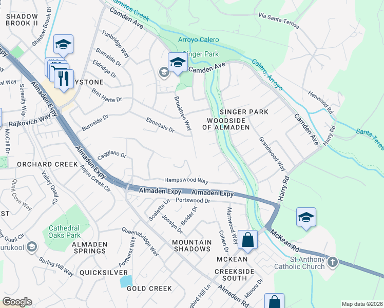map of restaurants, bars, coffee shops, grocery stores, and more near 7199 Brooktree Court in San Jose