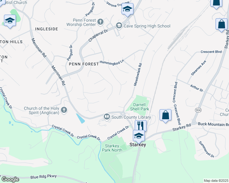 map of restaurants, bars, coffee shops, grocery stores, and more near 2619 Mallard Drive in Cave Spring