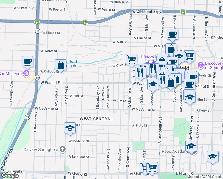 map of restaurants, bars, coffee shops, grocery stores, and more near 828 West Pershing Street in Springfield
