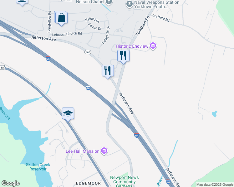map of restaurants, bars, coffee shops, grocery stores, and more near 204 Yorktown Road in Newport News