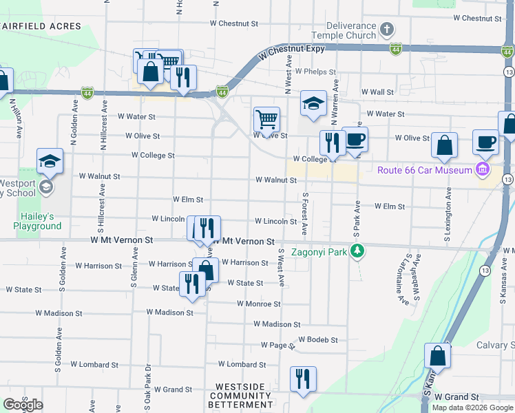 map of restaurants, bars, coffee shops, grocery stores, and more near 2601 West Lincoln Street in Springfield