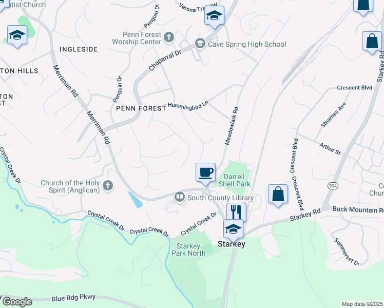 map of restaurants, bars, coffee shops, grocery stores, and more near 2619 Mallard Drive in Cave Spring