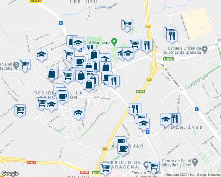 map of restaurants, bars, coffee shops, grocery stores, and more near 50 Calle Montilla in Maracena