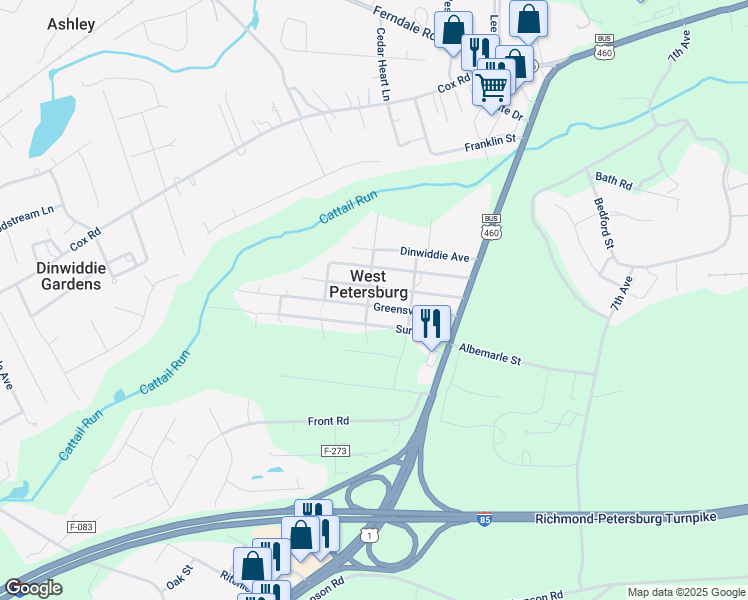 map of restaurants, bars, coffee shops, grocery stores, and more near 25704 Greensville Avenue in Petersburg