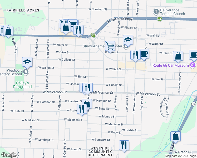 map of restaurants, bars, coffee shops, grocery stores, and more near 2601 West Lincoln Street in Springfield