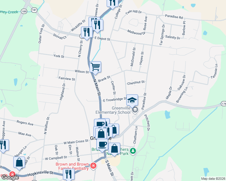 map of restaurants, bars, coffee shops, grocery stores, and more near 302 Center Street in Greenville