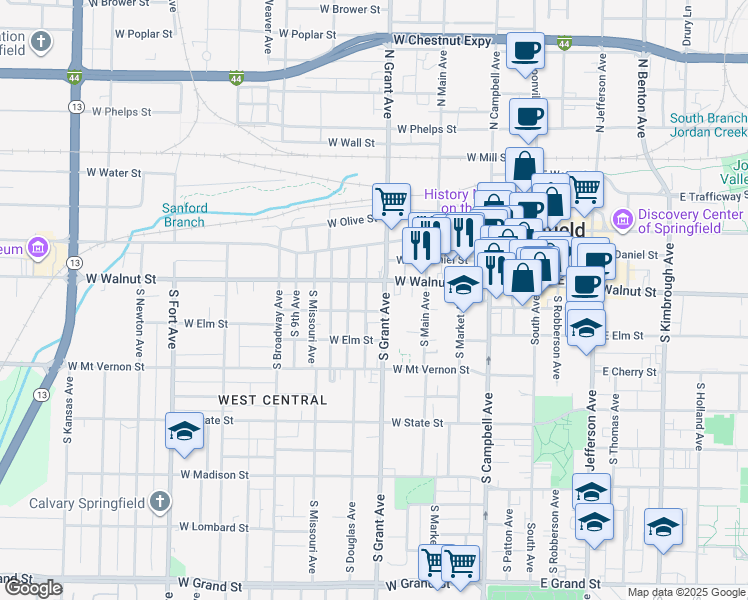 map of restaurants, bars, coffee shops, grocery stores, and more near 732 West Pershing Street in Springfield