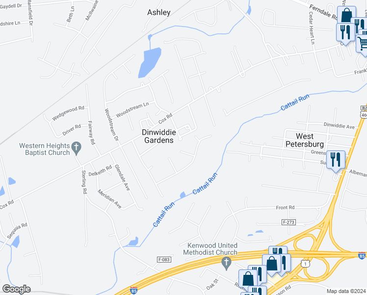 map of restaurants, bars, coffee shops, grocery stores, and more near 4907 Sonya Court in Petersburg