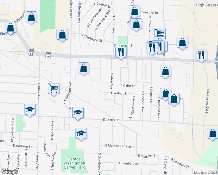 map of restaurants, bars, coffee shops, grocery stores, and more near 2619 East Walnut Street in Springfield