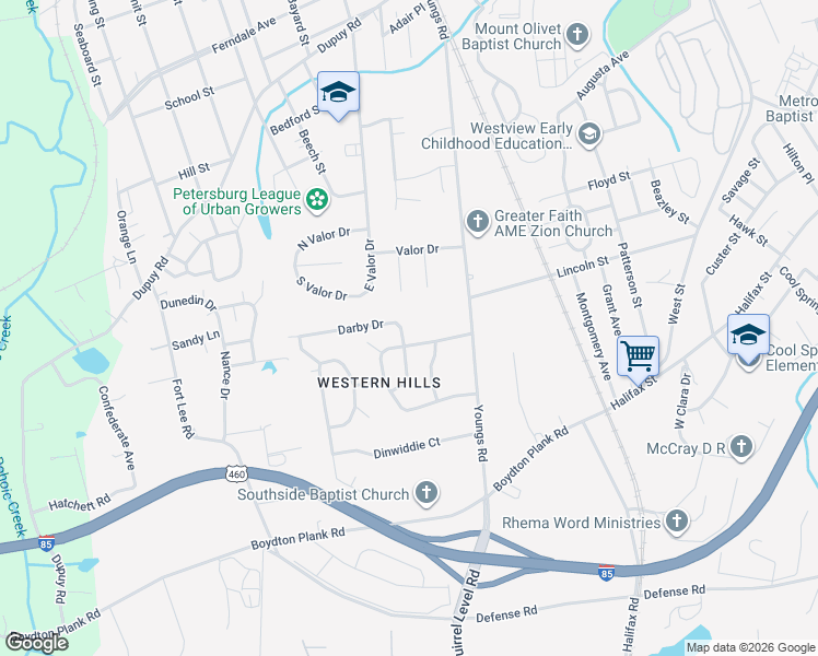 map of restaurants, bars, coffee shops, grocery stores, and more near 1516 Halcun Drive in Petersburg