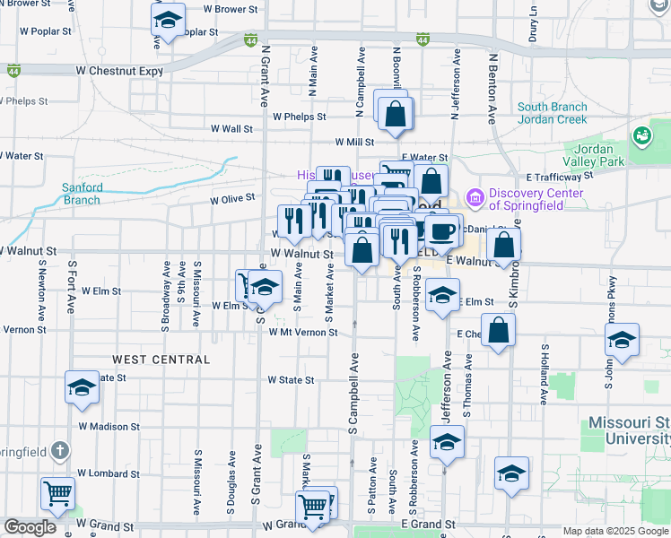 map of restaurants, bars, coffee shops, grocery stores, and more near 440 S Market Ave in Springfield