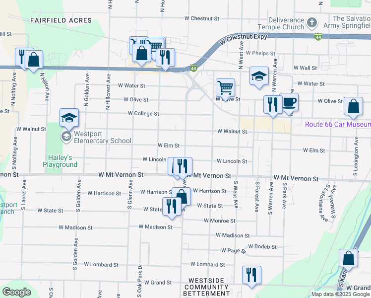 map of restaurants, bars, coffee shops, grocery stores, and more near 2637 West Lincoln Street in Springfield