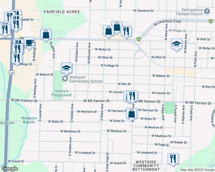 map of restaurants, bars, coffee shops, grocery stores, and more near 2847 West Lincoln Street in Springfield