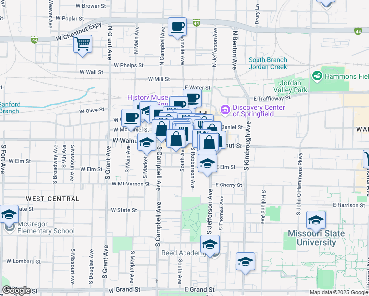 map of restaurants, bars, coffee shops, grocery stores, and more near 412 South Avenue in Springfield