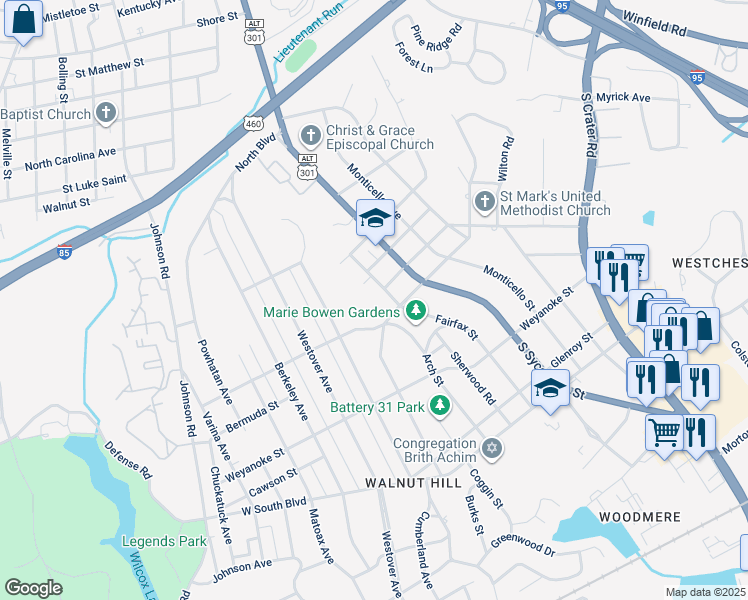 map of restaurants, bars, coffee shops, grocery stores, and more near 1679 Brandon Avenue in Petersburg