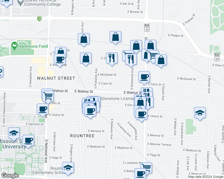 map of restaurants, bars, coffee shops, grocery stores, and more near 1531 East Walnut Street in Springfield